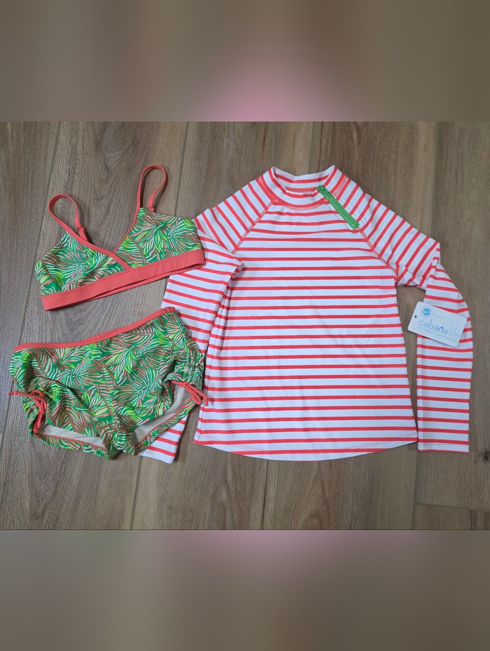 Cabana Life Coral Stripe Rash Guard with Green Palm Bikini Set